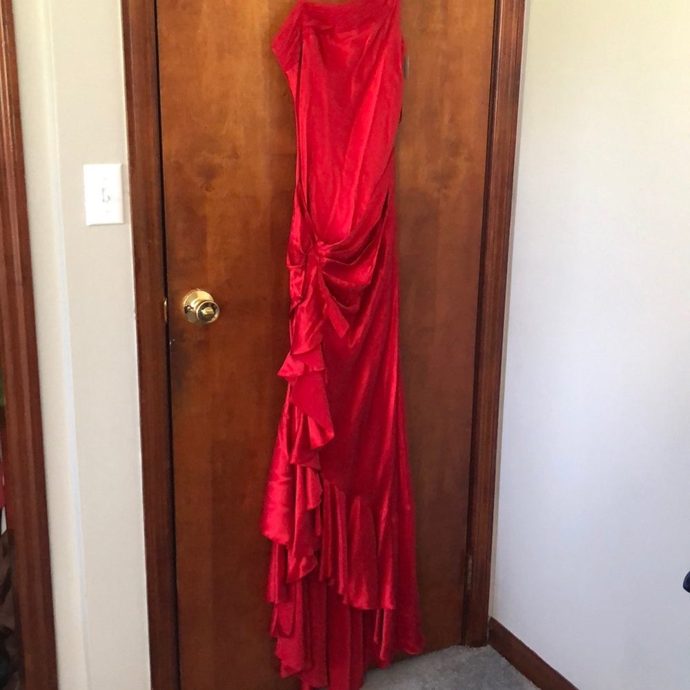Red formal dress.